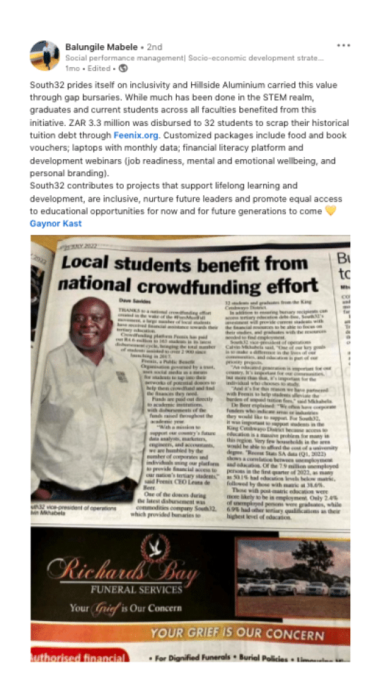 Facebook post from a corporate supporter of Feenix, showing the difference it made. It accompanies a photo of news coverage entitled