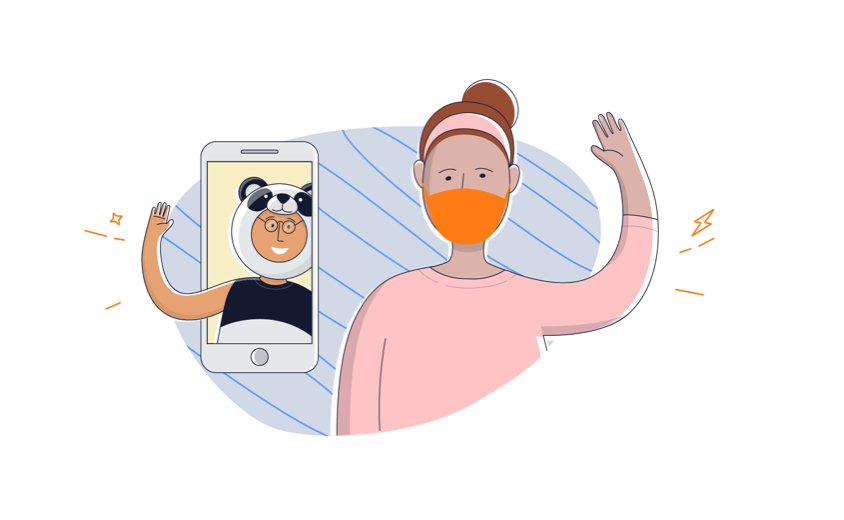 Illustration of a woman waving at someone dressed in a panda suit