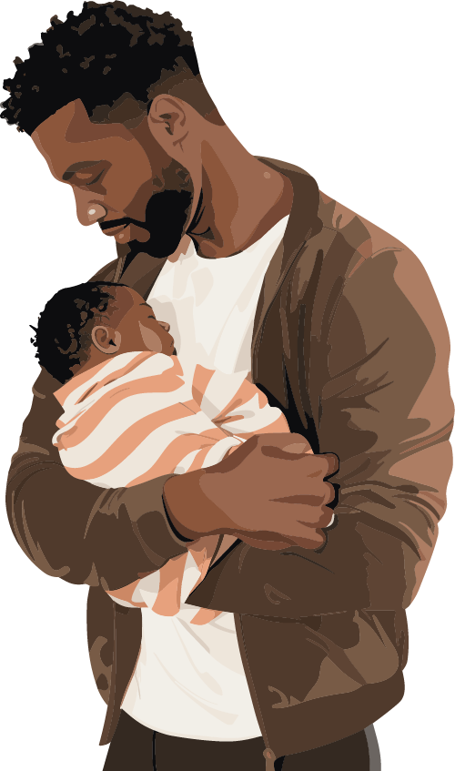 A young father in a white tshirt and jacket cradles his newborn son in a striped babygrow.