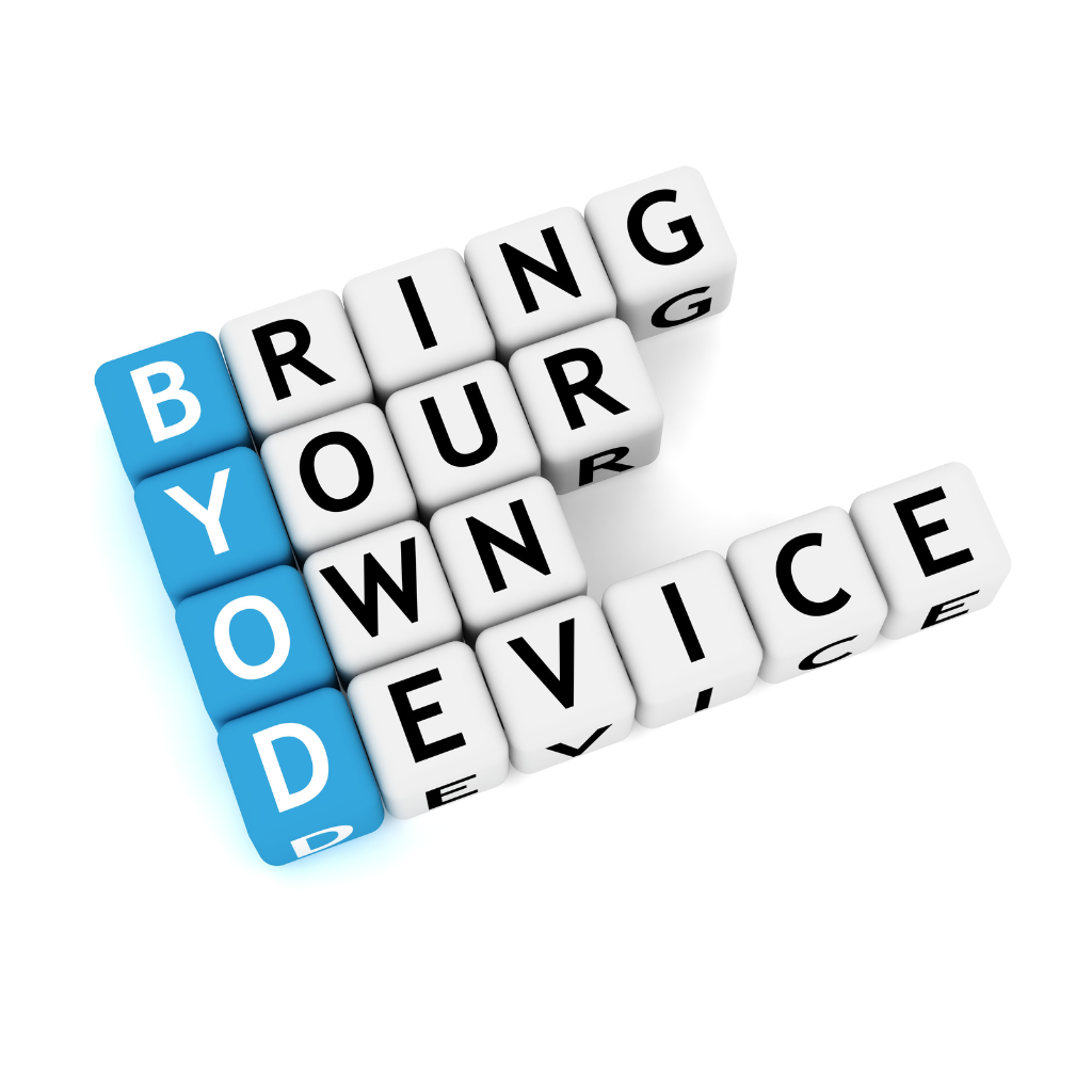 Bring your own device, presented as wooden dice blocks with letters on. At the left the first letter of each word is on a blue dice, so that highlights that acronym BYOD.