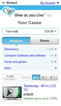 Desktop shopping app from Give As You Live