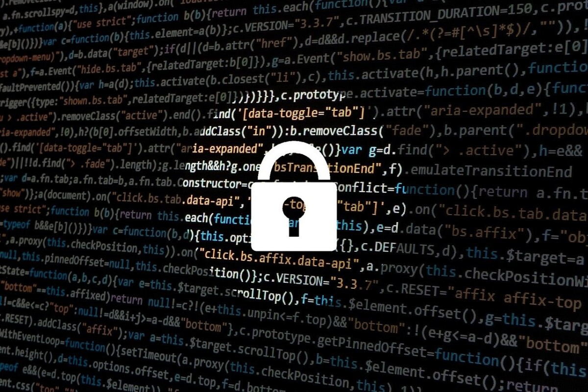 An illustration of a white padlock on a black background of data