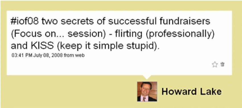 Tweet by Howard Lake at the 2008 IoF Convention